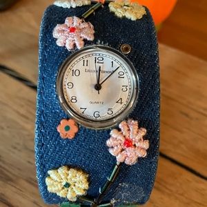 LILIAN VERNON vintage 70style adjustabl cuff wrist watch.Floral Embroidery denim